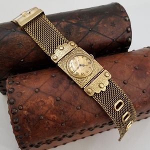 1960s Bracelet Watch Jeweled Hammered Gold Royale